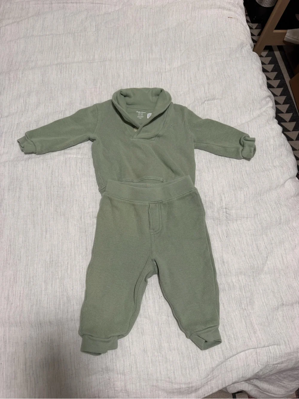 9 Month Ralph Lauren Kids Shawl Collar Pullover and Jogger Pajama Set Sage Green